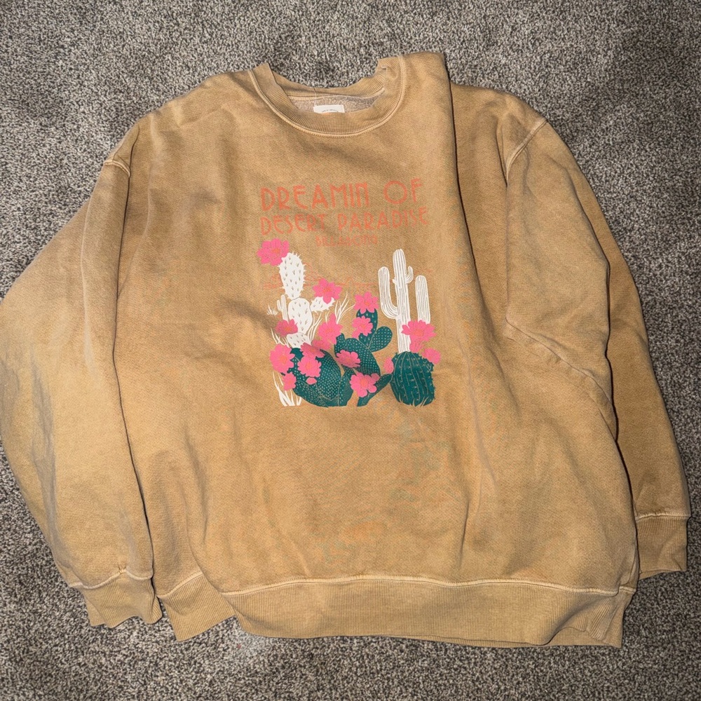 Desert Cactus Graphic Sweatshirt - Tan with Pink & Green Floral Print